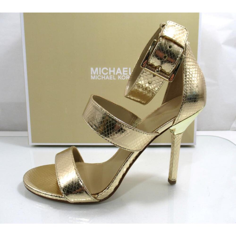 Michael Kors Amal Ankle Strap Sandal High Heel Metallic Leather Pale Gold Size 8 - Picture 4 of 9